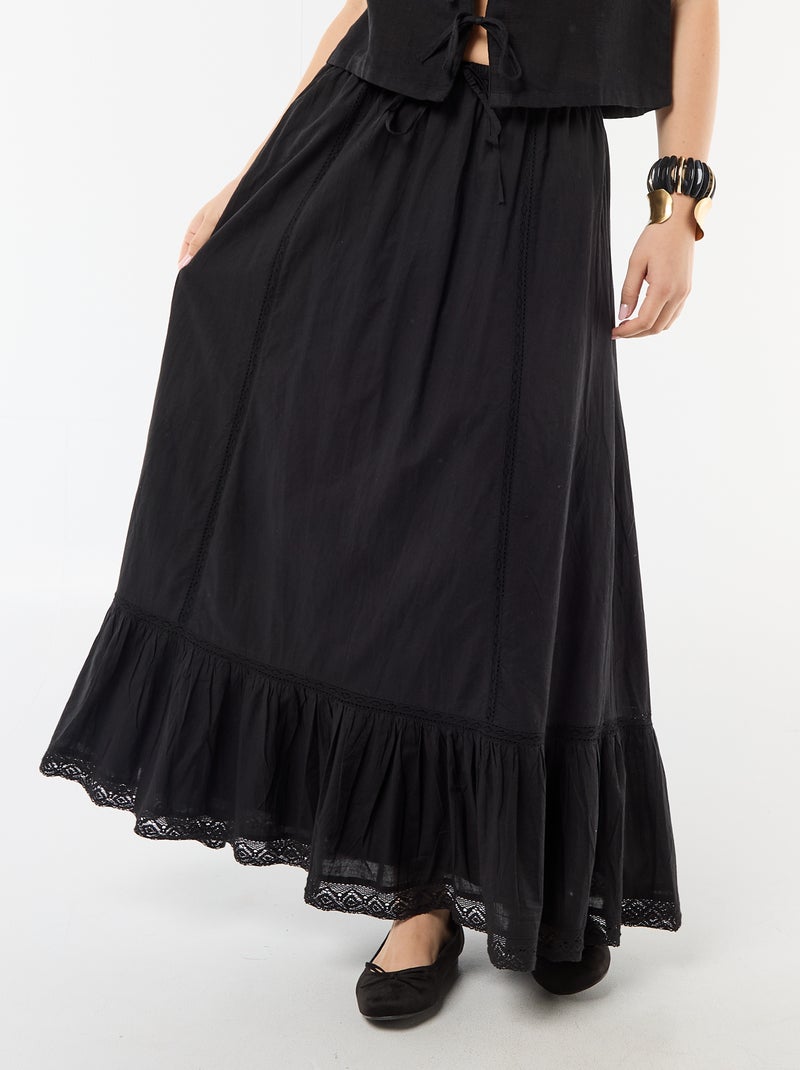 Lange uitlopende rok met macramé Zwart - Kiabi