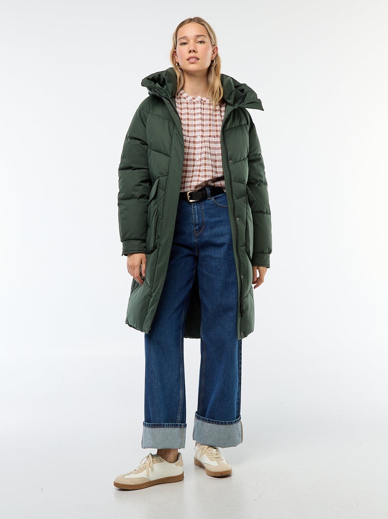 Lange warme waterafstotende gewatteerde jas met kap Kaki - Kiabi