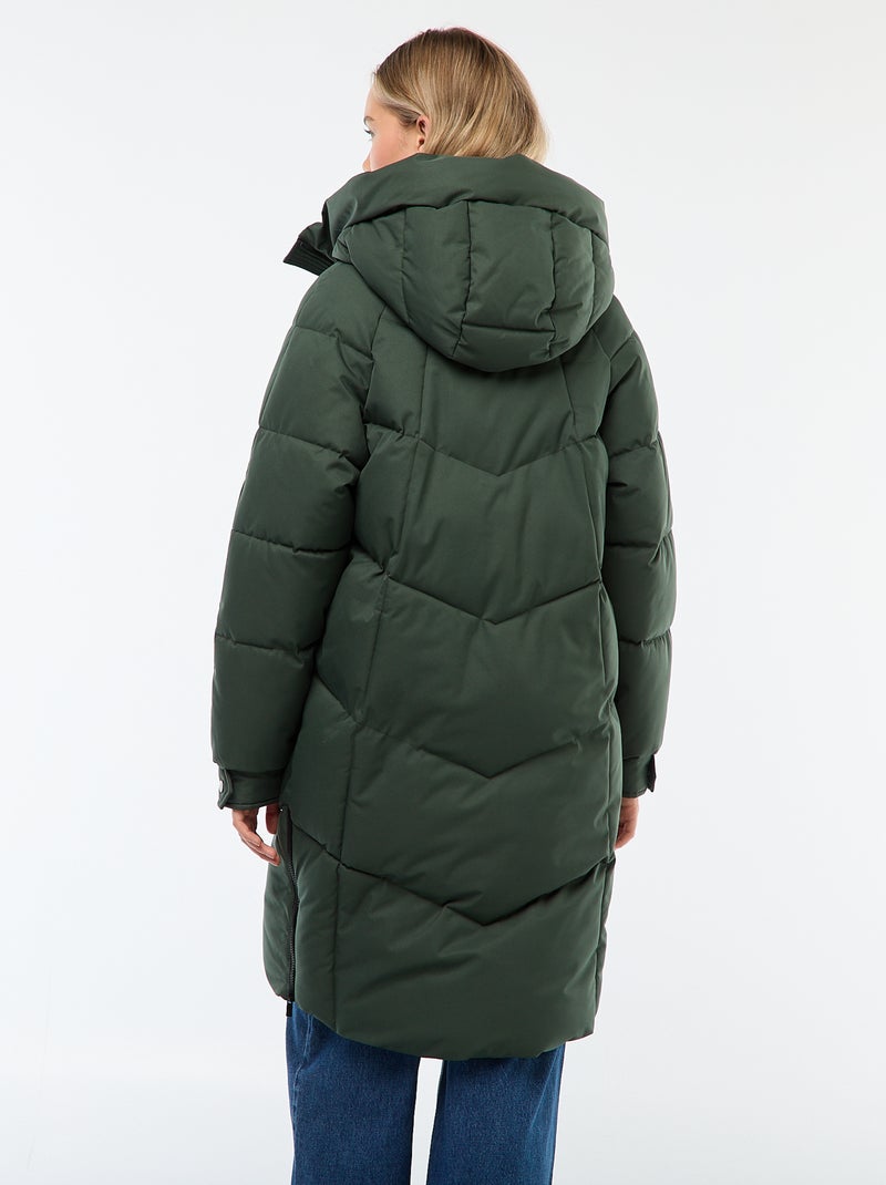 Lange warme waterafstotende gewatteerde jas met kap Kaki - Kiabi