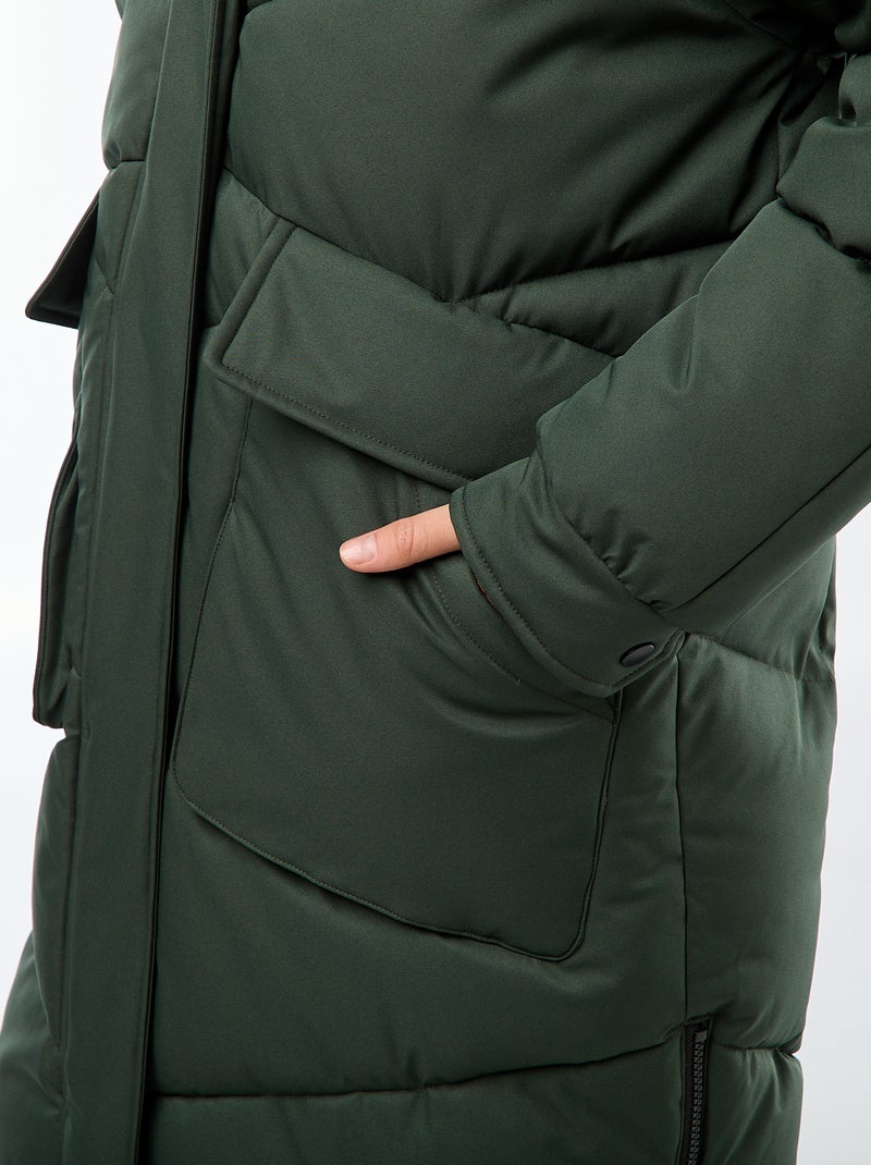 Lange warme waterafstotende gewatteerde jas met kap Kaki - Kiabi