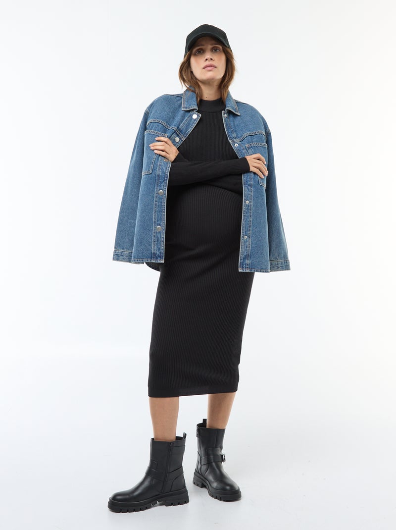 Lange zwangerschapsjurk met ribbeltextuur zwart - Kiabi