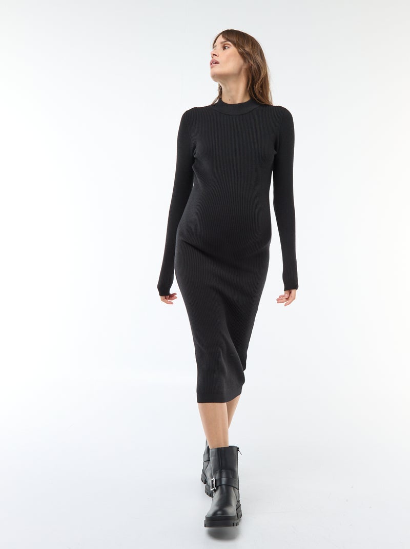 Lange zwangerschapsjurk met ribbeltextuur zwart - Kiabi