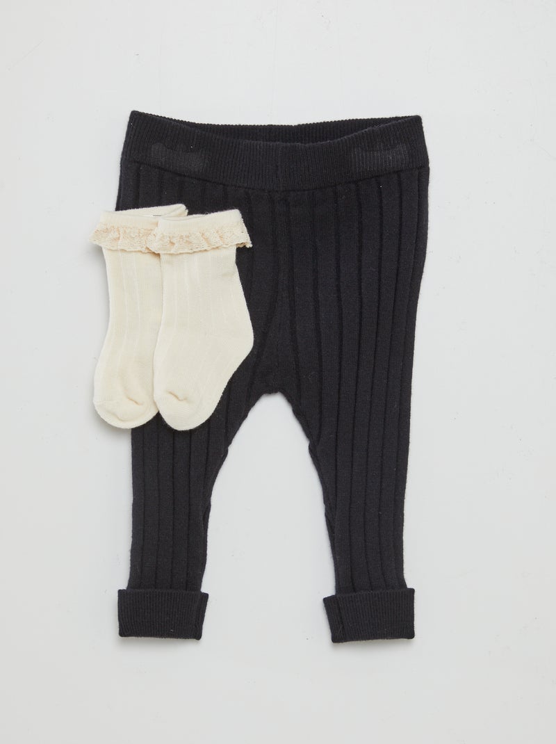 Legging van ribtricot + sokken met borduursel zwart - Kiabi