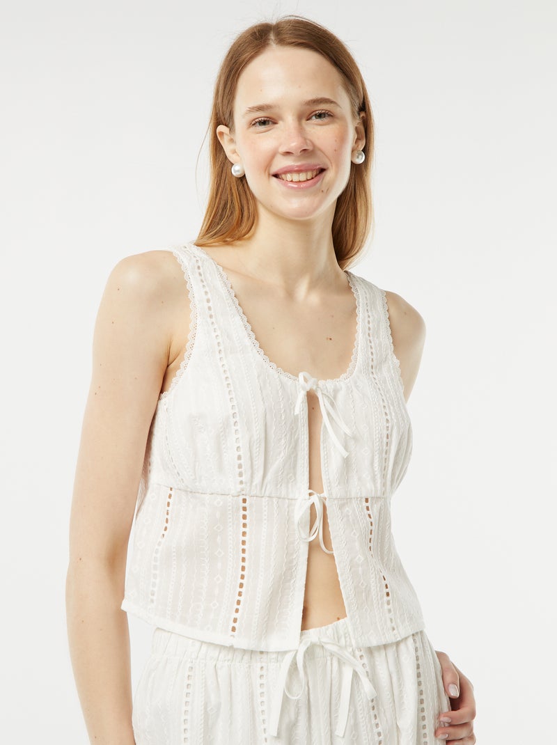 Lichte mouwloze knooptop met broderie anglaise WIT - Kiabi