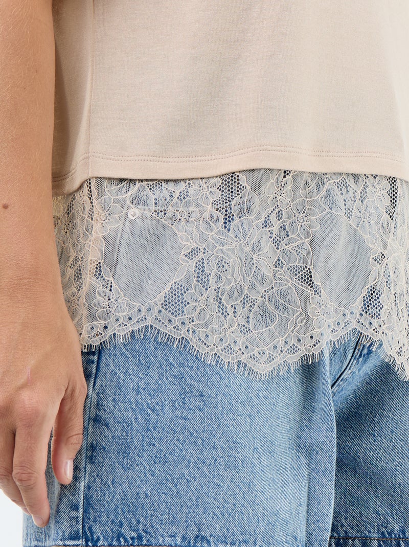 Lichtgewicht T-shirt met kanten onderkant Biege - Kiabi