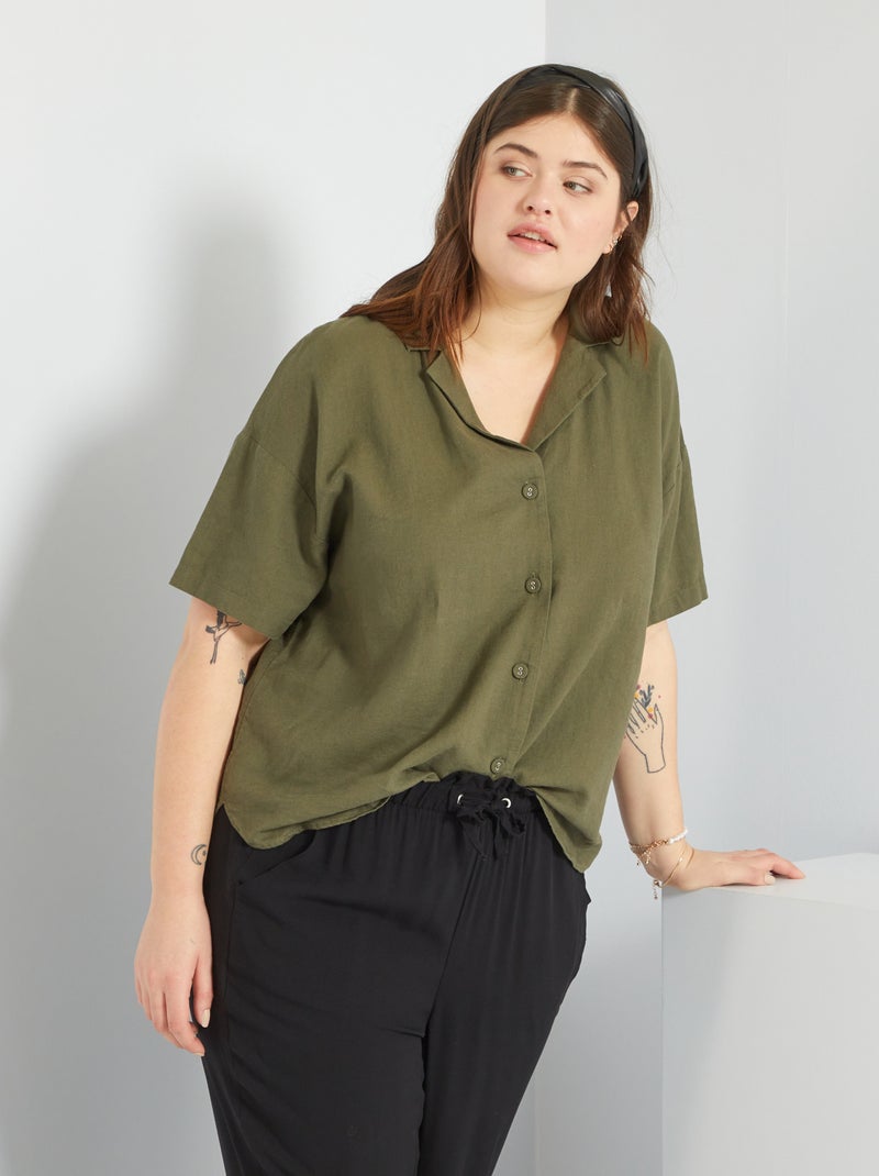 Linnen blouse met korte mouw KAKI - Kiabi