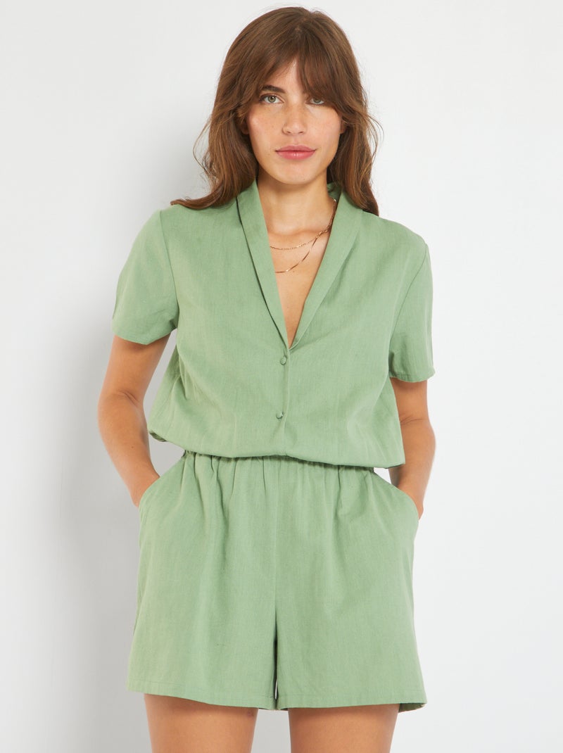 Linnen playsuit met reverskraag KAKI - Kiabi