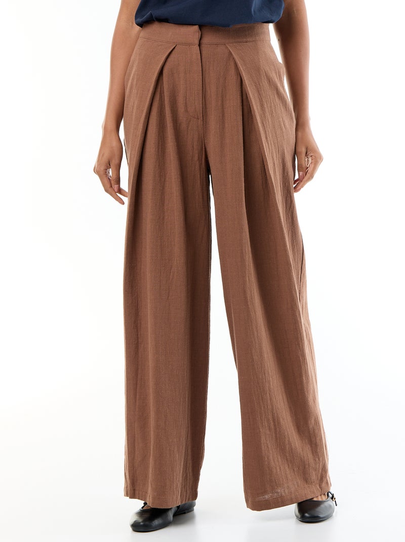 Linnenmix wide leg-broek Bruin - Kiabi