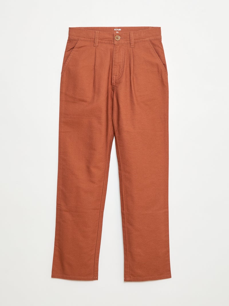 Luchtige broek van Oxford-katoen met linneneffect Bruin - Kiabi