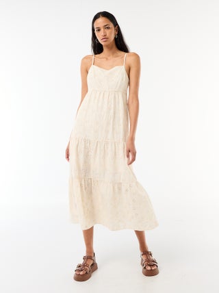 Midi-jurk van broderie anglaise met verstelbare bandjes