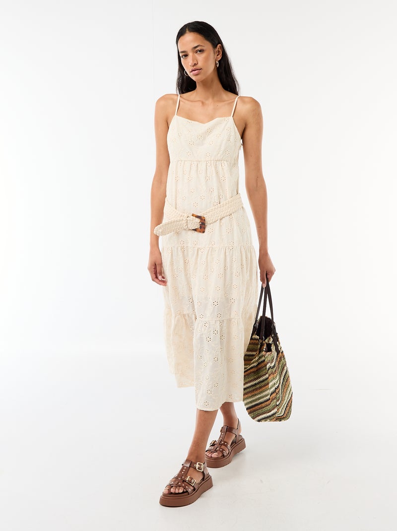 Midi-jurk van broderie anglaise met verstelbare bandjes Biege - Kiabi