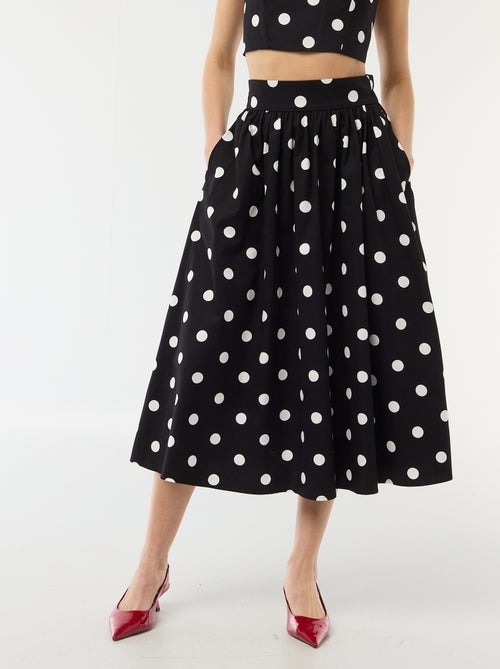 Midi rok met plooien en uitlopend model met stippenprint - Kiabi