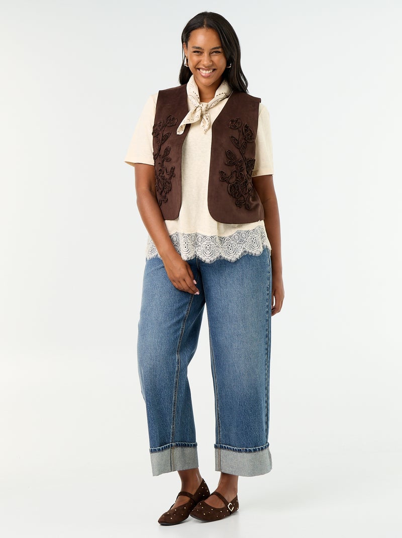 Mouwloos suèdine gilet met borduursels Bruin - Kiabi