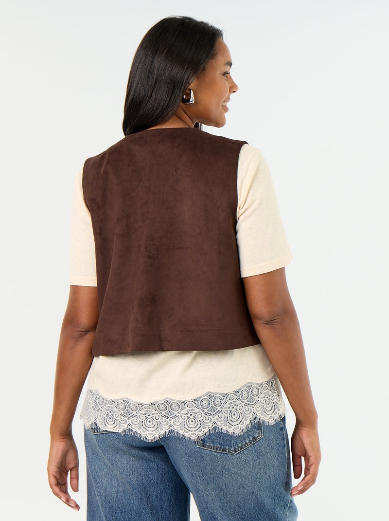 Mouwloos suèdine gilet met borduursels Bruin - Kiabi