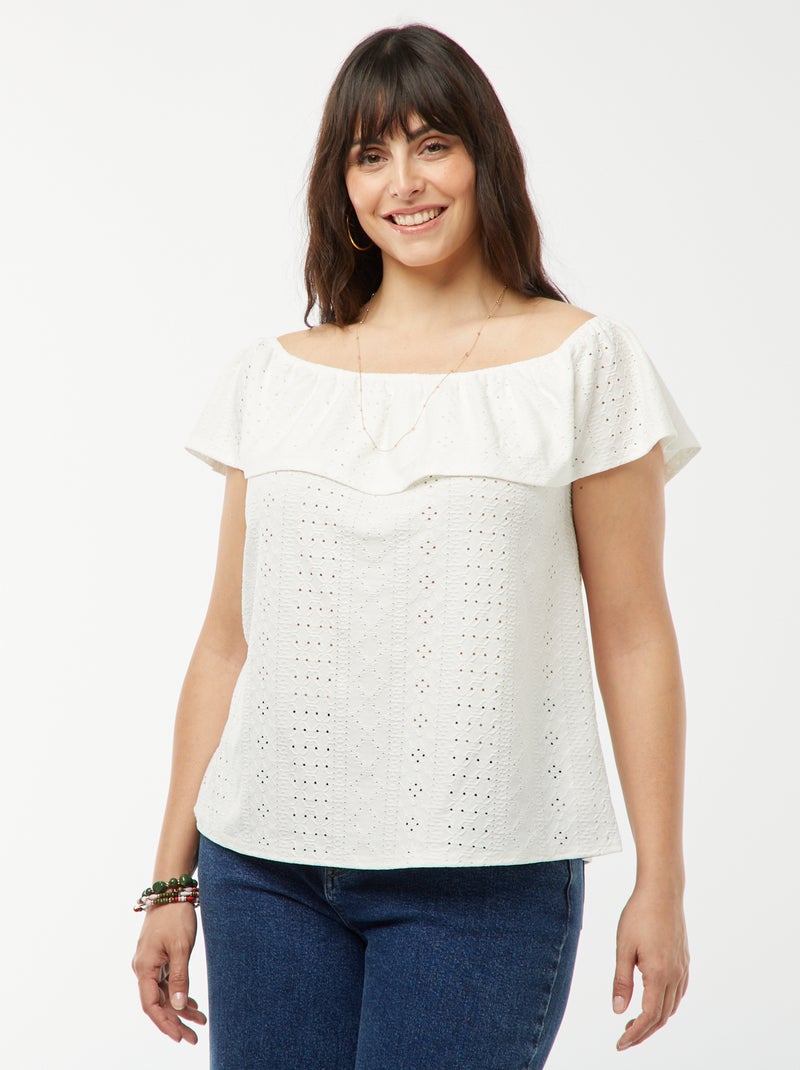 Mouwloos T-shirt van Engels kant met grote volant aan de hals WIT - Kiabi