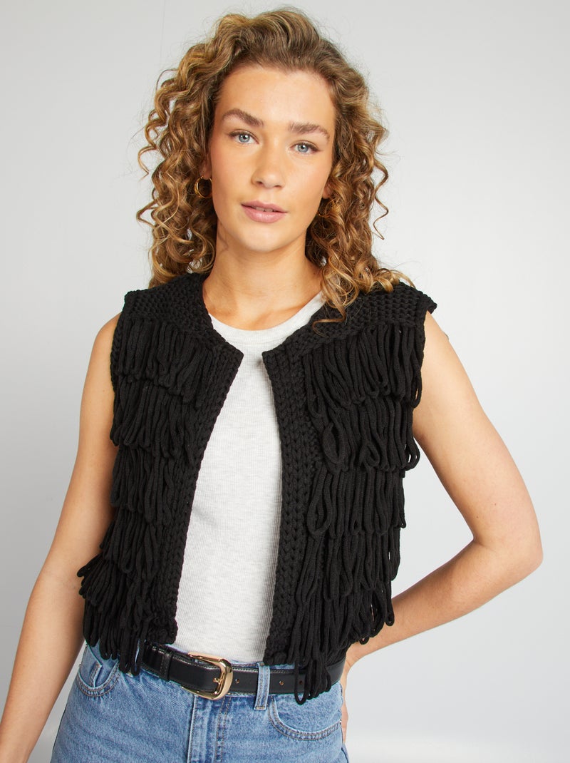 Mouwloos vest met franjes zwart - Kiabi