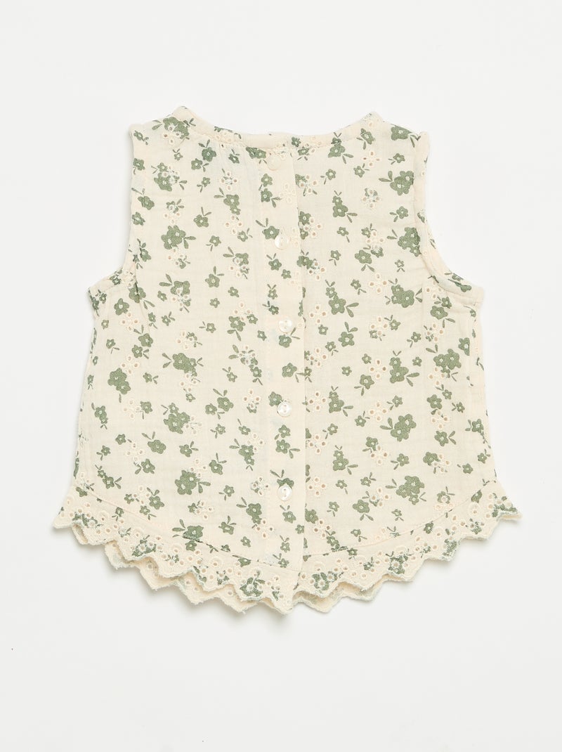 Mouwloze blouse van katoenen gaas met broderie anglaise Biege - Kiabi