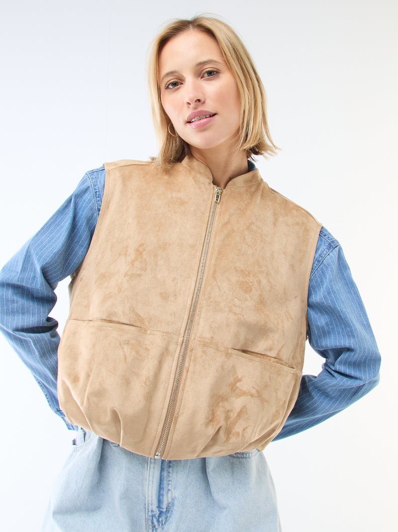 Mouwloze jas van suèdine Biege - Kiabi