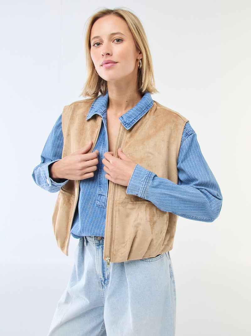 Mouwloze jas van suèdine Biege - Kiabi