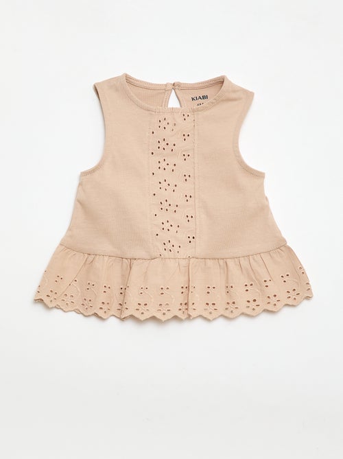 Mouwloze T-shirt van katoenen jerseytricot met broderie anglaise-details - Kiabi