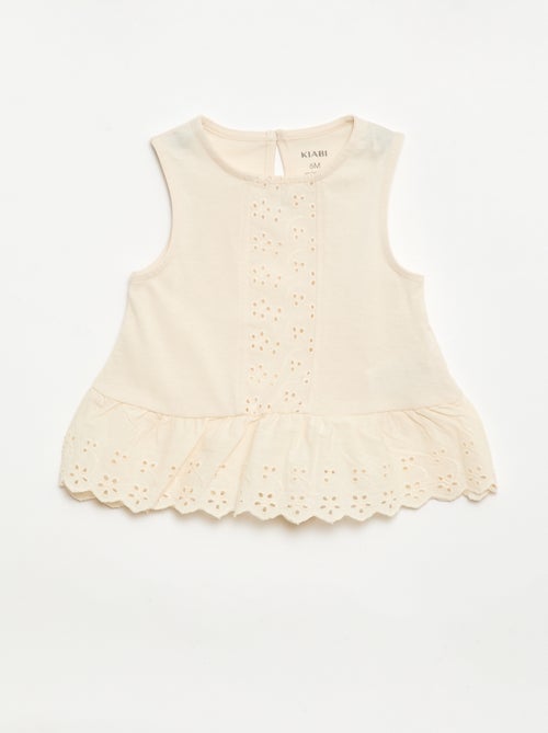 Mouwloze T-shirt van katoenen jerseytricot met broderie anglaise-details - Kiabi