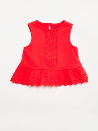 Mouwloze T-shirt van katoenen jerseytricot met broderie anglaise-details