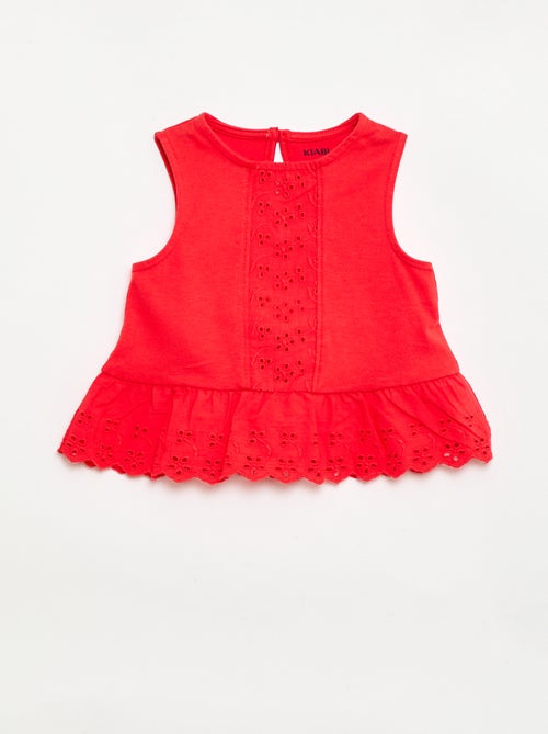 Mouwloze T-shirt van katoenen jerseytricot met broderie anglaise-details - Kiabi