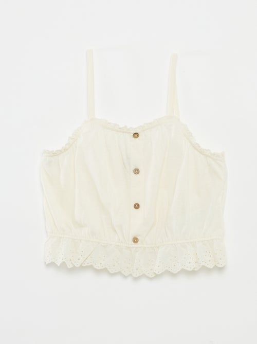 Mouwloze top met ruches en broderie anglaise - Kiabi