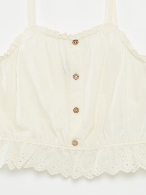 Mouwloze top met ruches en broderie anglaise - Kiabi