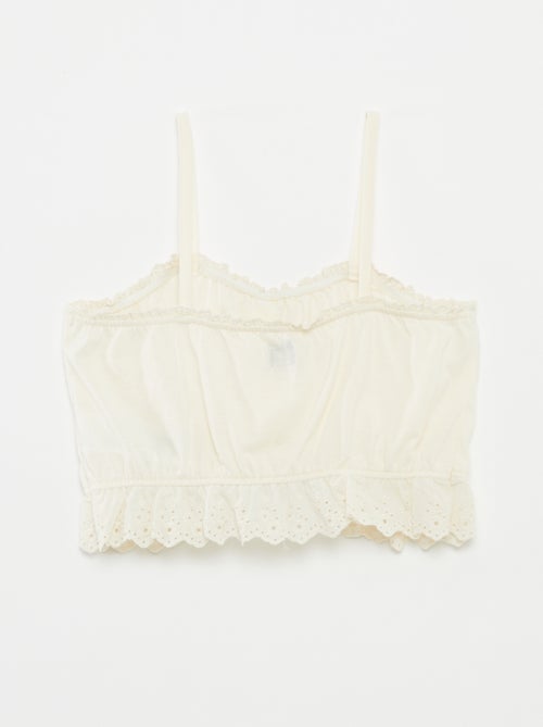 Mouwloze top met ruches en broderie anglaise - Kiabi
