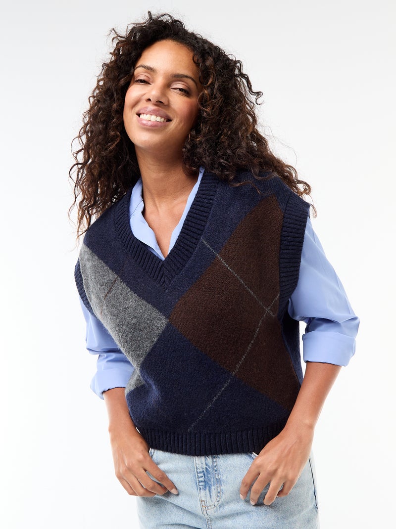 Mouwloze trui met ruitmotieven Blauw - Kiabi