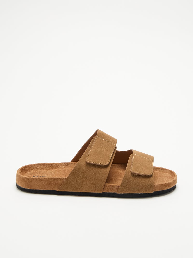 Muiltjes van suède-look met klittenbandbandjes Bruin - Kiabi