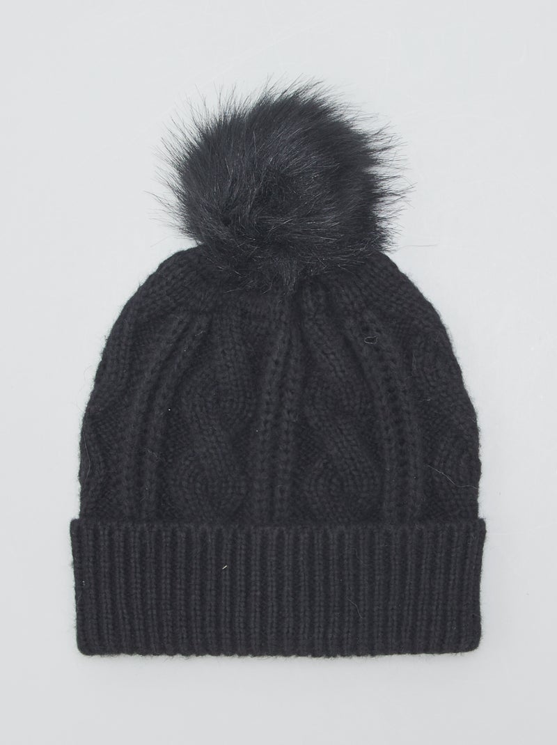 Muts van kabeltricot met kwastje ZWART - Kiabi