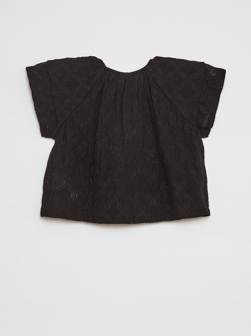 Opengewerkte top met ruchemouwen ZWART - Kiabi