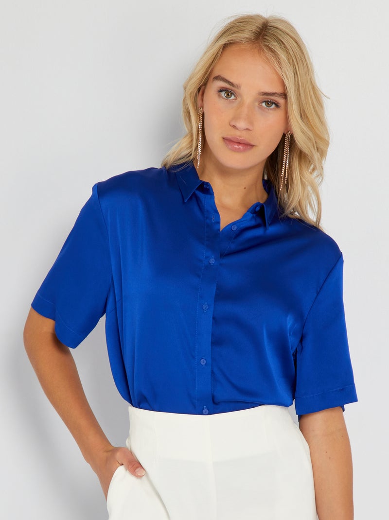 Overhemd met korte mouw en satijnglans BLAUW - Kiabi