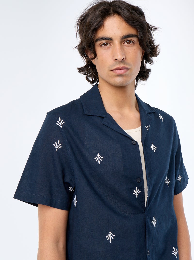 Overhemd met korte mouwen en geborduurde motieven Blauw - Kiabi