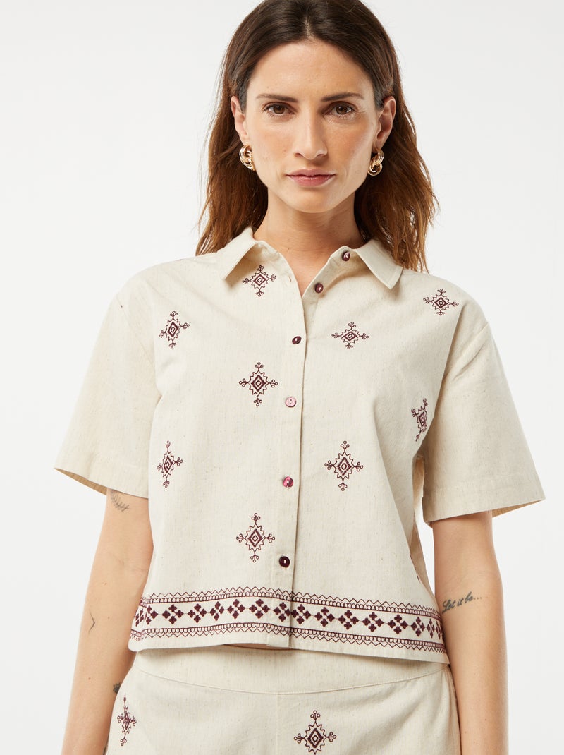 Overhemd met korte mouwen met borduursel BIEGE - Kiabi