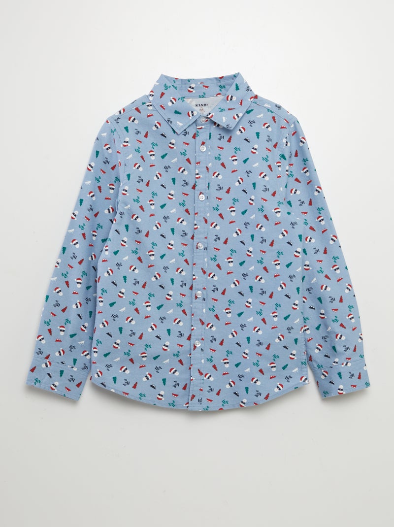 Overhemd van Oxford-katoen met kerstprint BLAUW - Kiabi