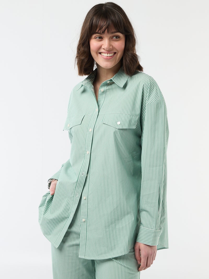 Oversized gestreept popline overhemd Groen - Kiabi