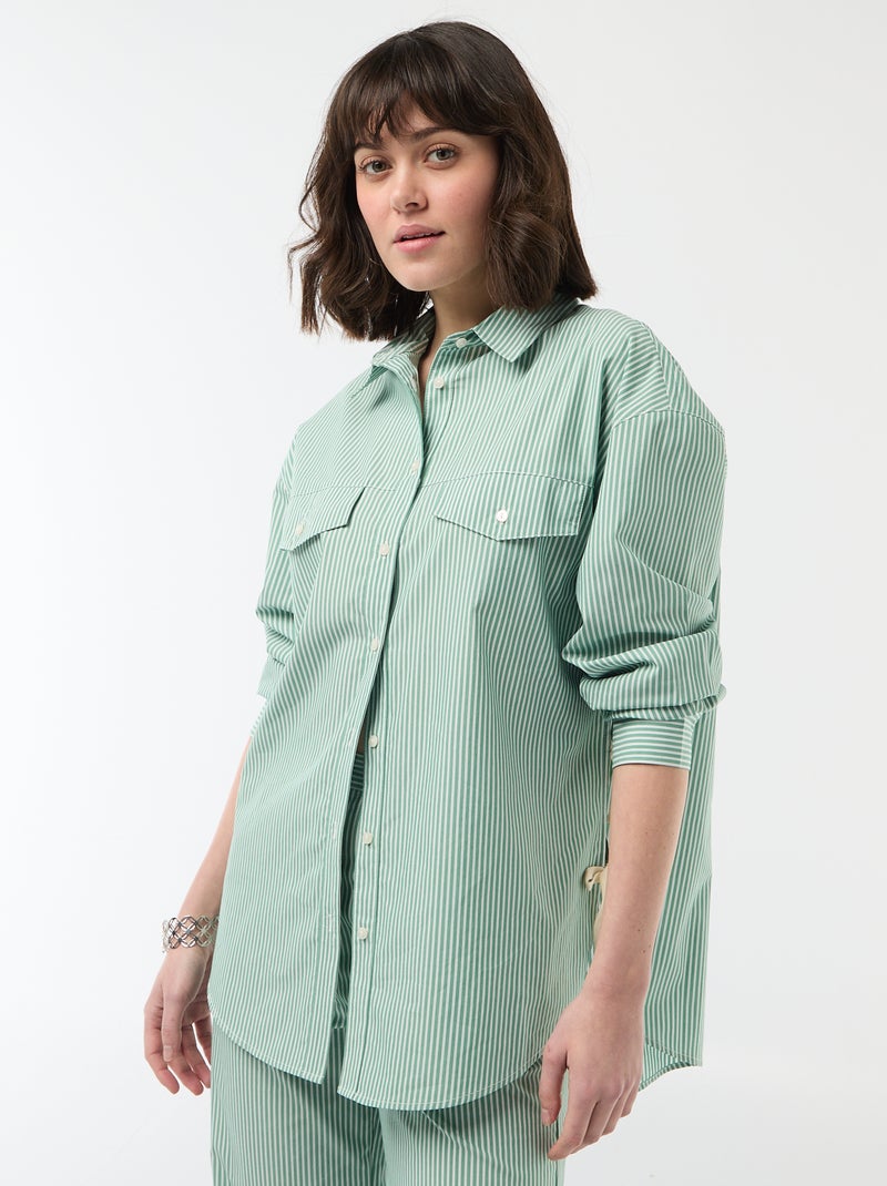 Oversized gestreept popline overhemd Groen - Kiabi