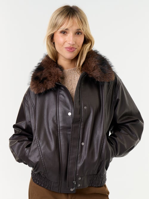 Oversized imitatieleer jasje met afneembare bontkraag - Kiabi