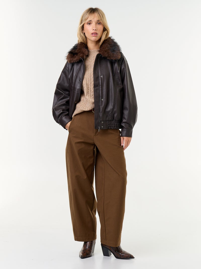 Oversized imitatieleer jasje met afneembare bontkraag Bruin - Kiabi