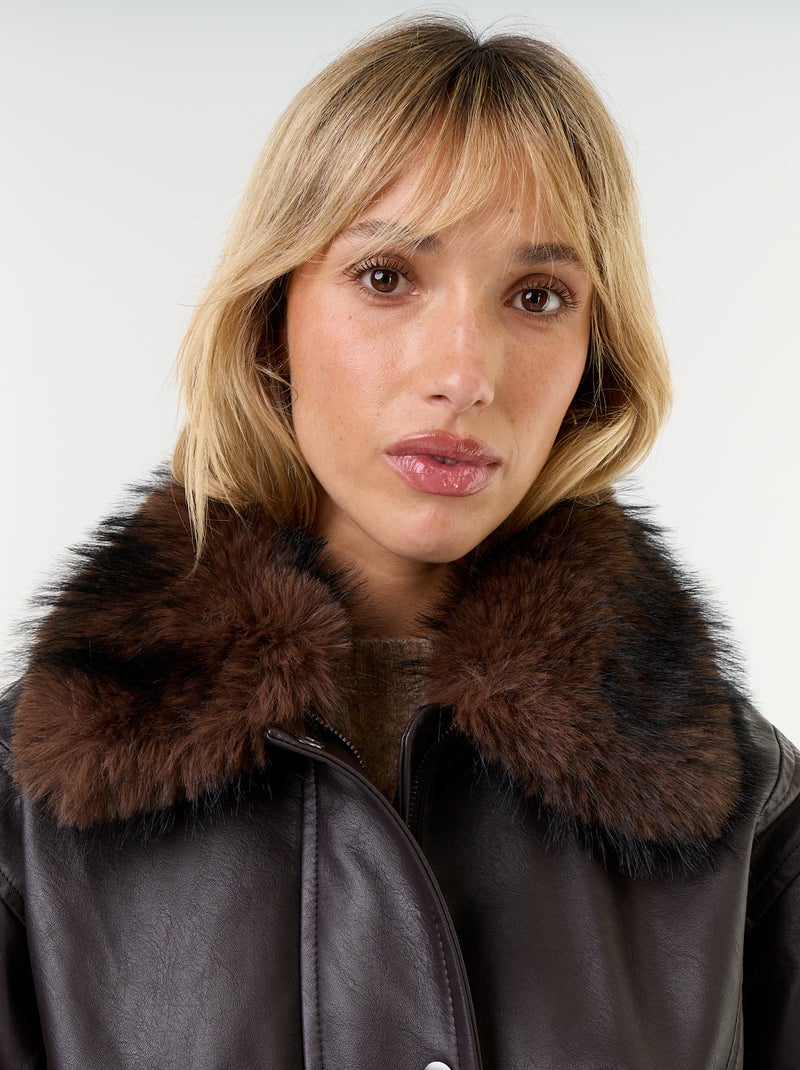 Oversized imitatieleer jasje met afneembare bontkraag Bruin - Kiabi
