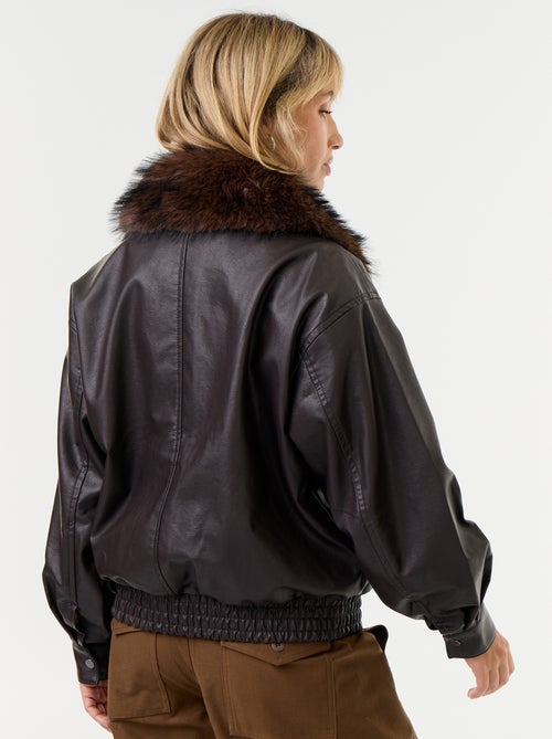 Oversized imitatieleer jasje met afneembare bontkraag - Kiabi