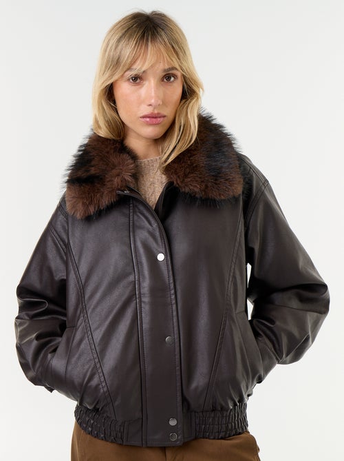 Oversized imitatieleer jasje met afneembare bontkraag - Kiabi