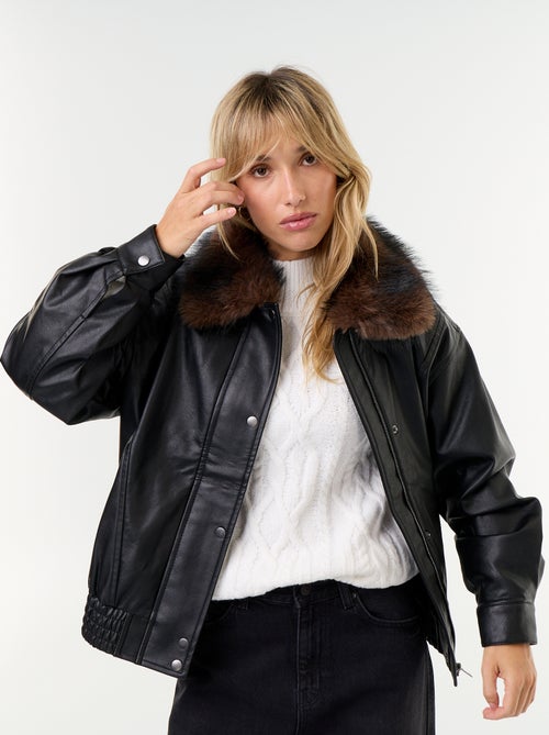 Oversized imitatieleer jasje met afneembare bontkraag - Kiabi