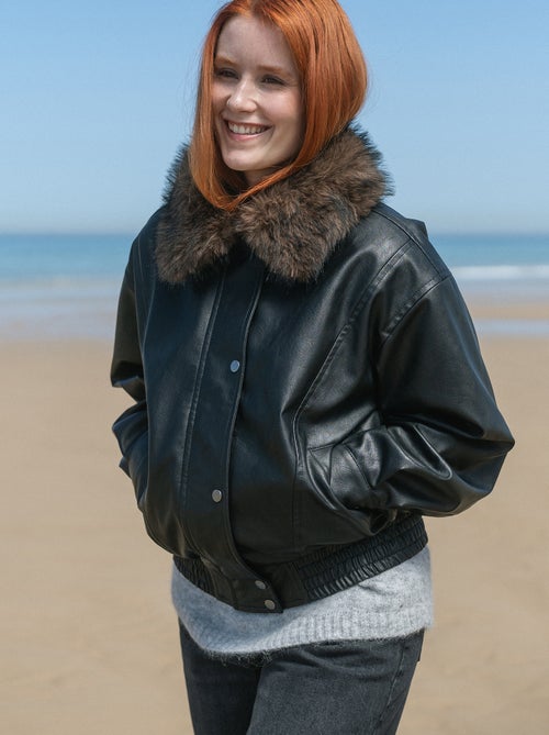 Oversized imitatieleer jasje met afneembare bontkraag - Kiabi