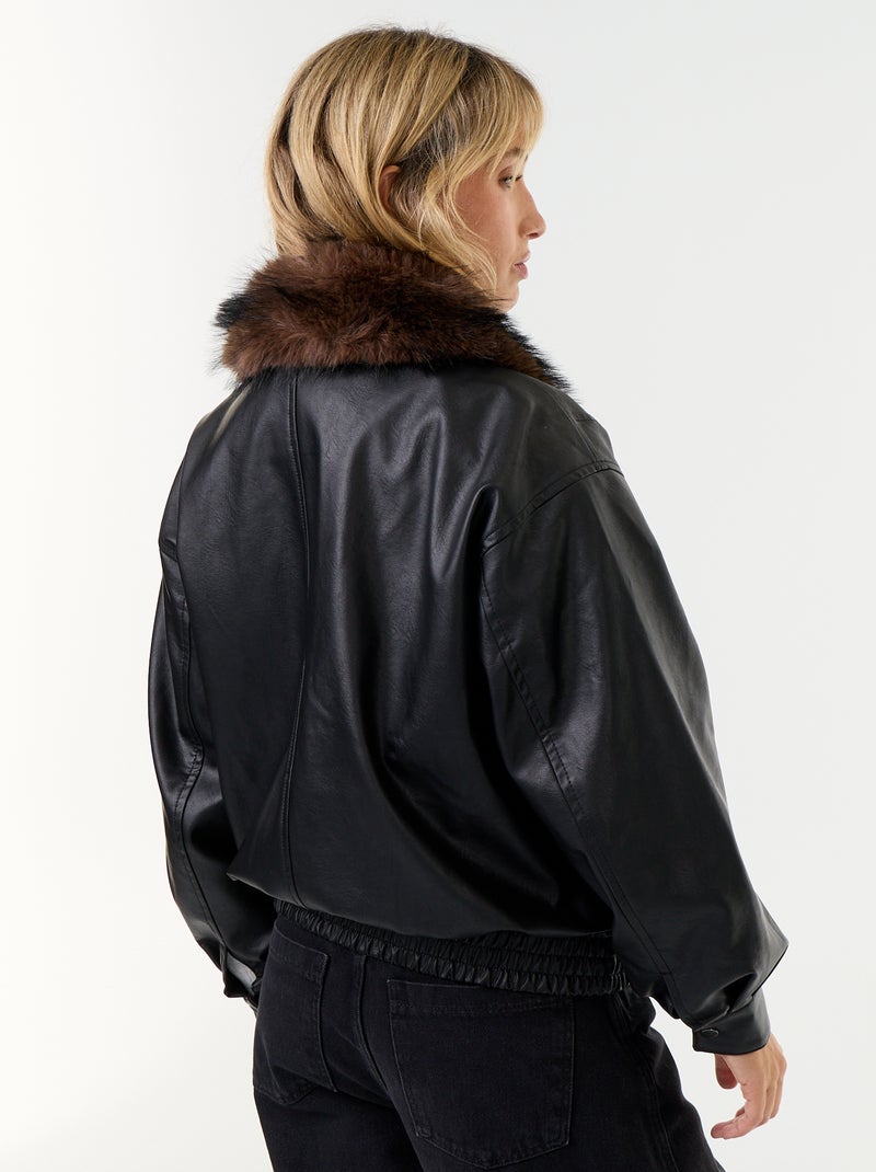 Oversized imitatieleer jasje met afneembare bontkraag Zwart - Kiabi