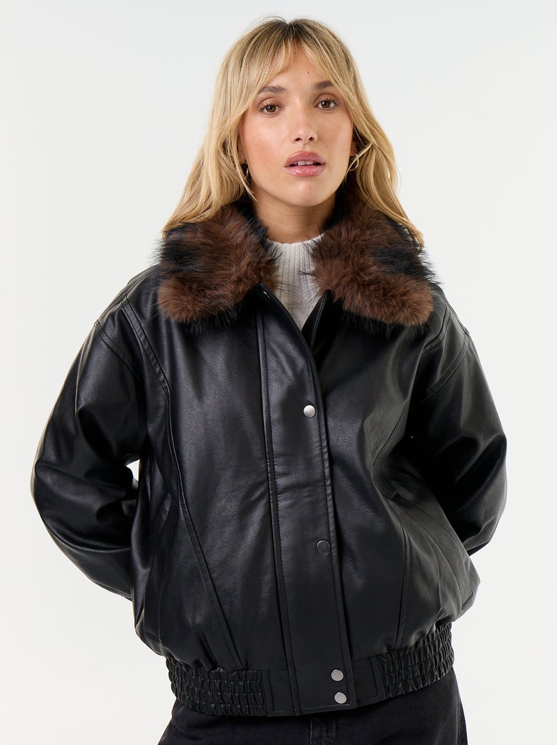Oversized imitatieleer jasje met afneembare bontkraag Zwart - Kiabi