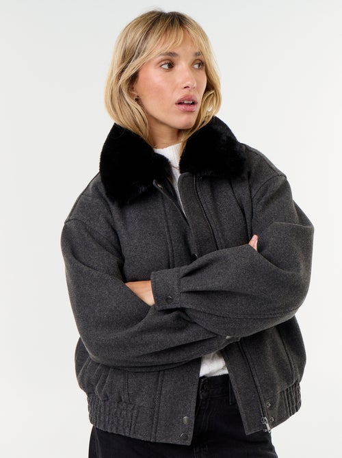 Oversized jas met woleffect en afneembare bontkraag - Kiabi